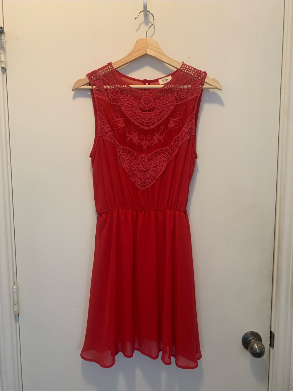 Tobi Red Lace Yoke Sleeveless Skater Dress
